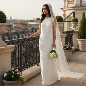 $4595 Monique Lhuillier Crystal Embellished Silk Column Runway Bridal Gown